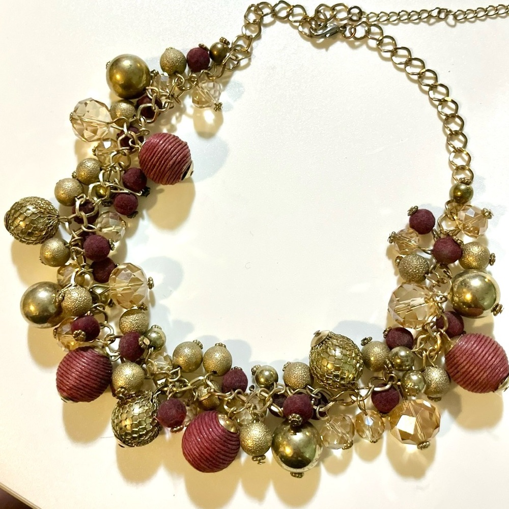 Gold & Burgundy Cluster Bead Statement Necklace